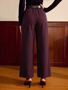 Vintamour Women's Daily Commute Striped Straight Leg Suit Pants Elegant Office Business Work Pants For Women Fall/Winter Burgundy Pants For Women Fall/Winter - Burgundy - View 2