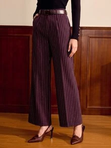 Vintamour Women's Daily Commute Striped Straight Leg Suit Pants Elegant Office Business Work Pants For Women Fall/Winter Burgundy Pants For Women Fall/Winter - Burgundy - View 4