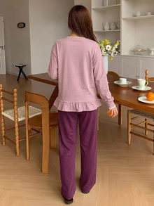 DAZY Minimalist Star Print Loose Short Sleeve & Long Pants 2 Pieces Loungewear Set For Women Fall - Purple - View 2