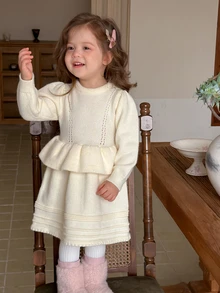 Dazy Kids Infant/Toddler (Girls) Round Neck Ruffle Trim Solid Color Long Sleeve Sweater Dress, Autumn/Winter - Apricot - View 6