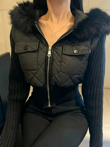 FRIFUL 女款純色長袖拉鍊連帽冬季夾克，日常旅行黑色休閒款 - 黑色 - 查看 1