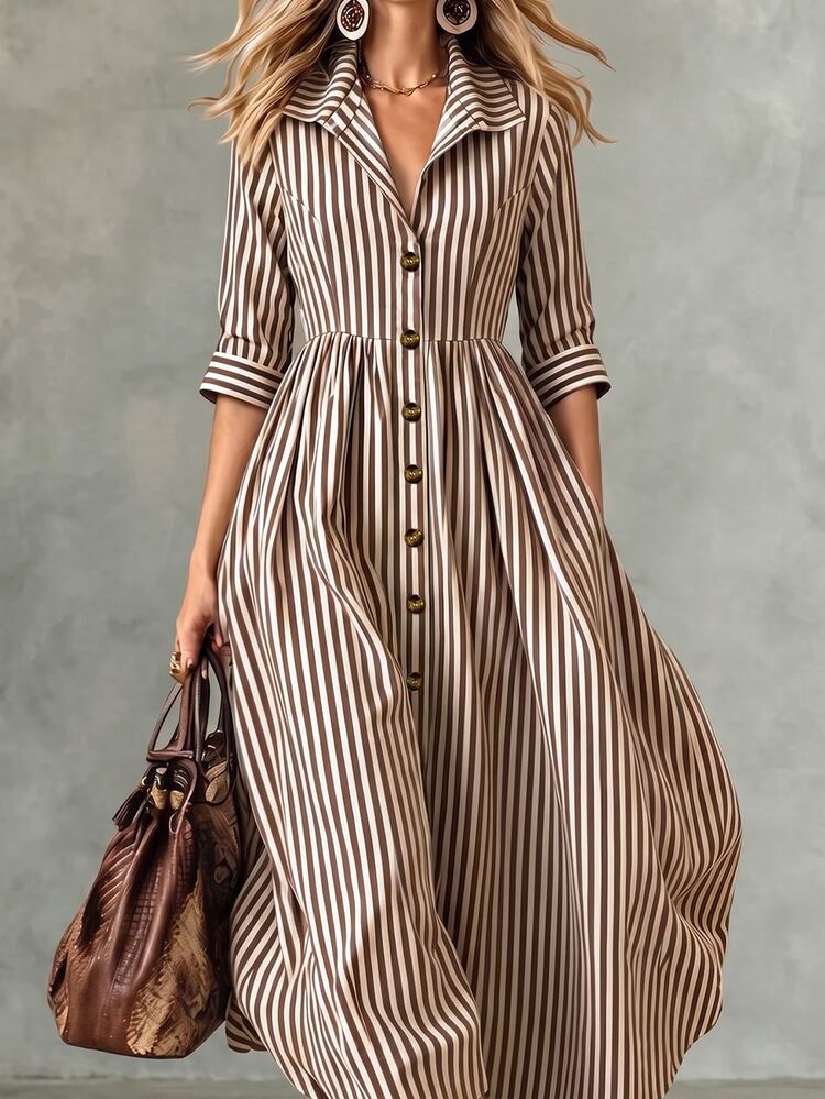 Linhara CURVE Plus Size Women's Woven Striped Elegant Summer Long Dress - Coffee Brown - View 5