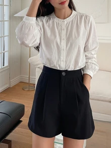 DAZY Women's Solid Color Round Neck Long Sleeve Single-Breasted Casual Shirt Fall - White - View 2