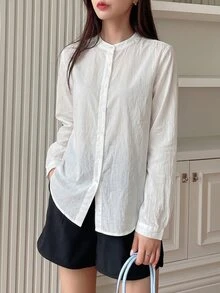 DAZY Women's Solid Color Round Neck Long Sleeve Single-Breasted Casual Shirt Fall - White - View 8