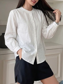 DAZY Women's Solid Color Round Neck Long Sleeve Single-Breasted Casual Shirt Fall - White - View 6