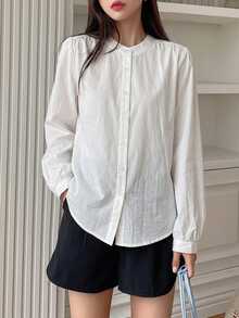 DAZY Women's Solid Color Round Neck Long Sleeve Single-Breasted Casual Shirt Fall - White - View 7