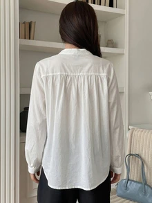 DAZY Women's Solid Color Round Neck Long Sleeve Single-Breasted Casual Shirt Fall - White - View 4