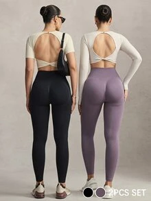 Activina Women's Seamless Sports Leggings 2 Pieces Set Black & Purple,Suitable For Yoga ,Pilates ,And Workout. - Multicolor - View 4