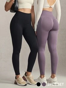 Activina Women's Seamless Sports Leggings 2 Pieces Set Black & Purple,Suitable For Yoga ,Pilates ,And Workout. - Multicolor - View 3
