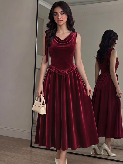 SHEIN Teen Girl Teen Girl Autumn/Winter Elegant Glamorous Burgundy Red Solid Color Knit Velvet Detachable Bowknot Cowl Neck Sleeveless Dress, Suitable For Party, Christmas, New Year