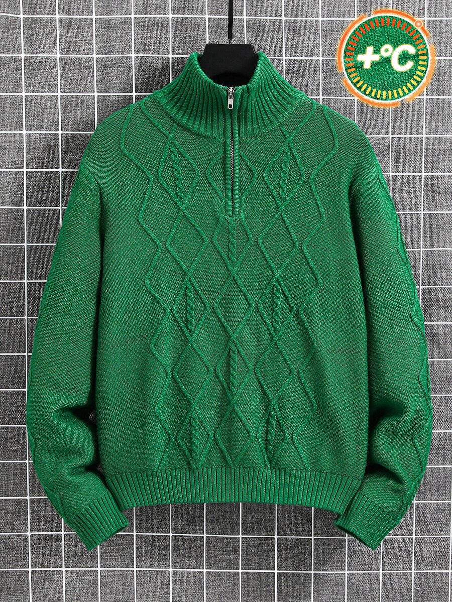 SHEIN Teen Boy Teen Boy Casual Green Textured Pullover Sweater, Perfect For Fall, Winter, Christmas, And Back-To-School Seasons. - Green - View 1