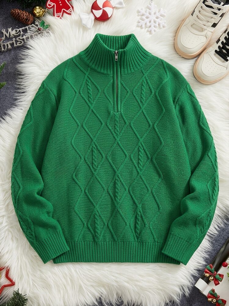 SHEIN Teen Boy Teen Boy Casual Green Textured Pullover Sweater, Perfect For Fall, Winter, Christmas, And Back-To-School Seasons. - Green - View 3