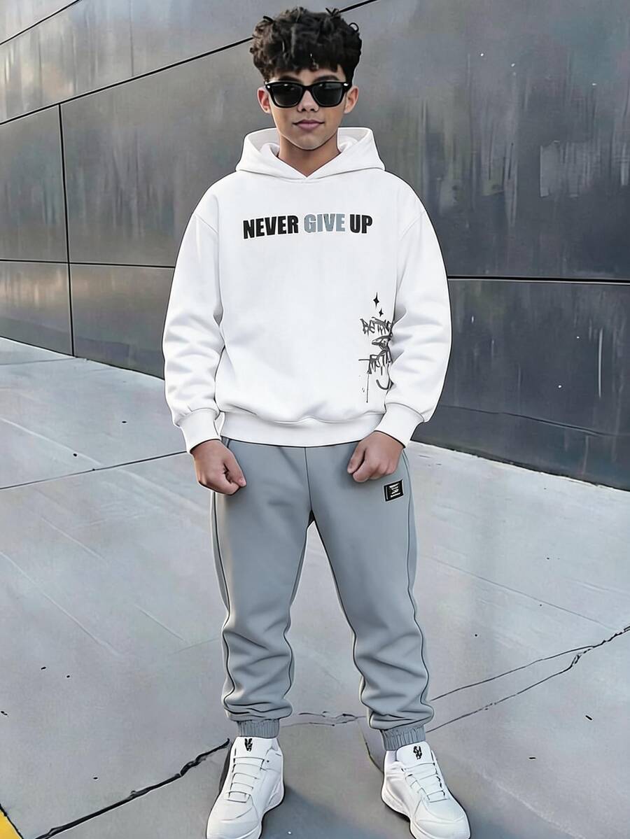 SHEIN 2pcs Teen Boys Versatile Round Neck Short Sleeve White T-Shirt Grey Jogger T-Shirt Set, Y2k Set - Multicolor - View 1