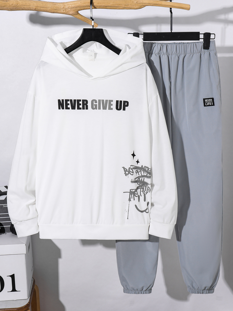 SHEIN 2pcs Teen Boys Versatile Round Neck Short Sleeve White T-Shirt Grey Jogger T-Shirt Set, Y2k Set - Multicolor - View 6