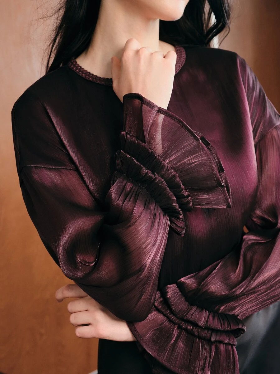 Anewsta Fashionable Elegant Bell Sleeve Blouse Women's Design Niche Loose Fit Pullover Top - Purple - View 1