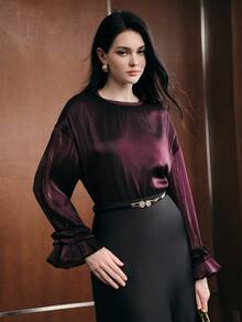Anewsta Fashionable Elegant Bell Sleeve Blouse Women's Design Niche Loose Fit Pullover Top - Purple - View 2
