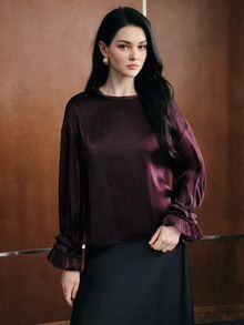 Anewsta Fashionable Elegant Bell Sleeve Blouse Women's Design Niche Loose Fit Pullover Top - Purple - View 6