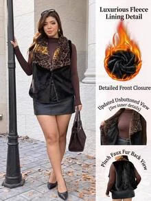 Easura French Vintage Elegant Commuter Chic Fashion Party Leopard Print Patchwork Faux Fur Winter - Black - View 9
