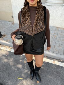 Easura French Vintage Elegant Commuter Chic Fashion Party Leopard Print Patchwork Faux Fur Winter - Black - View 8
