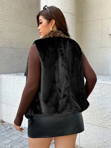 Easura French Vintage Elegant Commuter Chic Fashion Party Leopard Print Patchwork Faux Fur Winter - Black - View 2