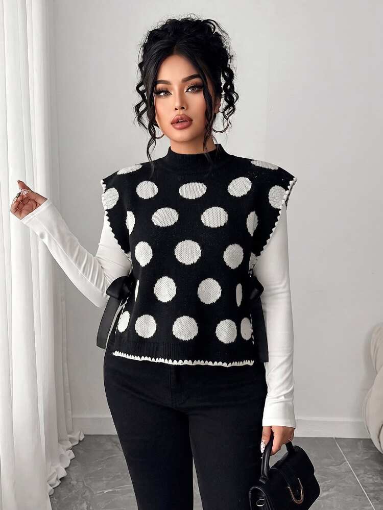 Elenzga Plus Size Women's Autumn/Winter Elegant Fashion Polka Dot Black & White Contrast Tie-Front Sleeveless Loose Slimming Knit Vest Sweater, Suitable For Outings, Daily Wear, Casual Occasions - Black - View 4