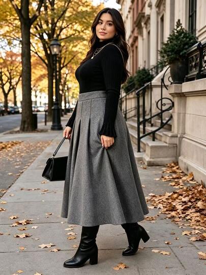 Rometta European & American Halloween Plus Size Wool Pleated Skirt, Dark Gray High Waist Belted A-Line Pleated Skirt, Thick Fabric For Autumn/Winter, Leg-Flattering, Minimalist Versatile Skirt For Campus, Commute, Party