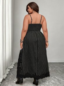 Elenzga Plus Size Women's Black And White Polka Dot Maxi Slip Dress, Autumn Elegant 1920 Vintage Sexy Retro V-Neck Slit Beach Vacation Date Night - Black - View 3