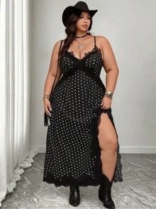 Elenzga Plus Size Women's Black And White Polka Dot Maxi Slip Dress, Autumn Elegant 1920 Vintage Sexy Retro V-Neck Slit Beach Vacation Date Night - Black - View 7