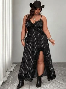 Elenzga Plus Size Women's Black And White Polka Dot Maxi Slip Dress, Autumn Elegant 1920 Vintage Sexy Retro V-Neck Slit Beach Vacation Date Night - Black - View 4