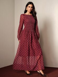 BELROSIE Fall Burgundy Red Polka Dot Print Linen-Like Material Square Neck Wide Collar Pleated Design Women's Long Sleeve Dress Vintage Tea Party Night Date - Burgundy - View 5
