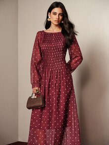 BELROSIE Fall Burgundy Red Polka Dot Print Linen-Like Material Square Neck Wide Collar Pleated Design Women's Long Sleeve Dress Vintage Tea Party Night Date - Burgundy - View 3