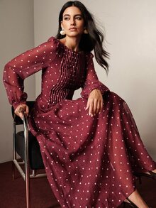 BELROSIE Fall Burgundy Red Polka Dot Print Linen-Like Material Square Neck Wide Collar Pleated Design Women's Long Sleeve Dress Vintage Tea Party Night Date - Burgundy - View 6