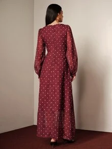 BELROSIE Fall Burgundy Red Polka Dot Print Linen-Like Material Square Neck Wide Collar Pleated Design Women's Long Sleeve Dress Vintage Tea Party Night Date - Burgundy - View 8