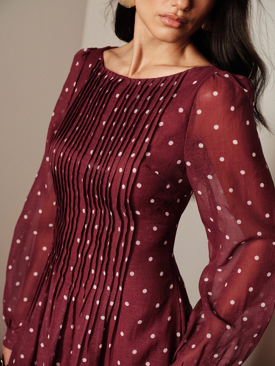BELROSIE Fall Burgundy Red Polka Dot Print Linen-Like Material Square Neck Wide Collar Pleated Design Women's Long Sleeve Dress Vintage Tea Party Night Date