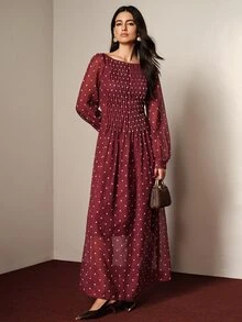 BELROSIE Fall Burgundy Red Polka Dot Print Linen-Like Material Square Neck Wide Collar Pleated Design Women's Long Sleeve Dress Vintage Tea Party Night Date - Burgundy - View 7