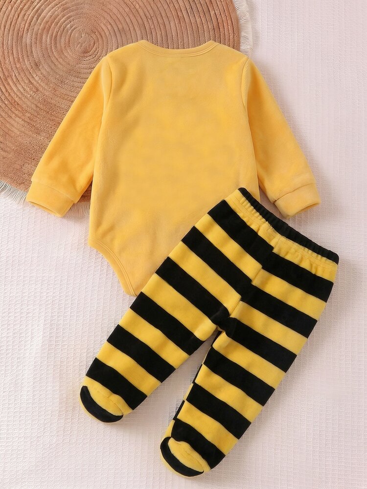 Newborn Home Set, Autumn/Winter Newborn Plush 2 Pieces Set, Yellow Honey Bee Embroidered Bodysuit + Striped Footed Pants Baby Clothing - Multicolor - View 2