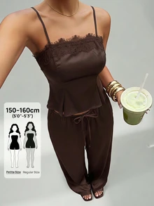 SHEIN PETITE Petite Women's Sexy Retro Satin & Lace Patchwork Camisole And Low-Rise Pocket Wide-Leg Pants Set - Brown - View 3