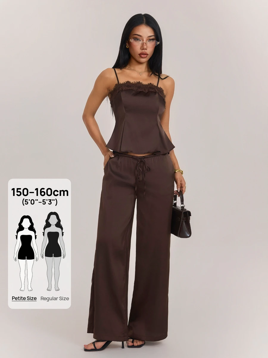 SHEIN PETITE Petite Women's Sexy Retro Satin & Lace Patchwork Camisole And Low-Rise Pocket Wide-Leg Pants Set - Brown - View 1