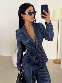 SHEIN PETITE Stylish, Casual Navy Blue Striped Blazer For Petite Women-Perfect For The Commute. - Navy Blue - View 2