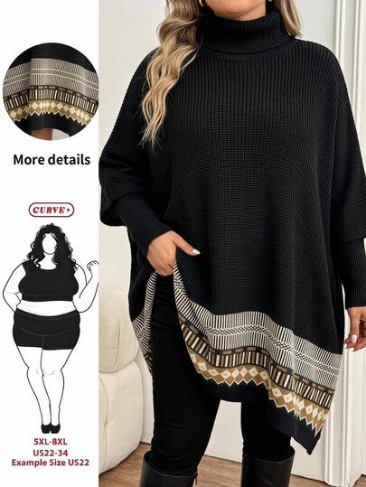 SHEIN CURVE+ Robe pull col roulé jacquard blocs de couleurs grande taille