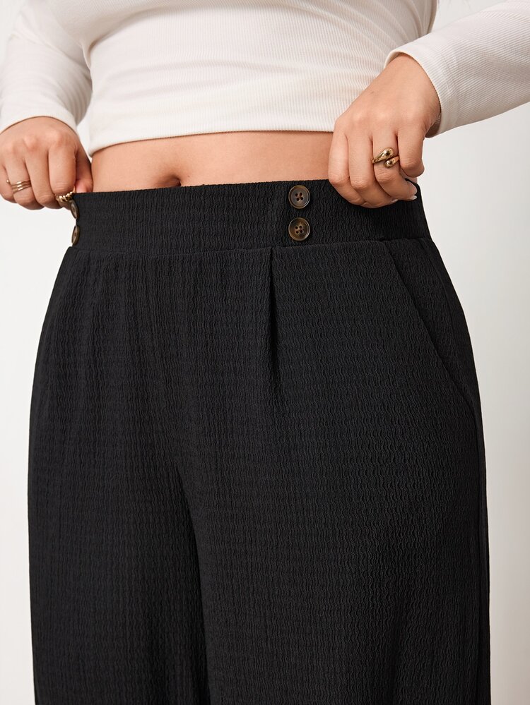 Enliva Plus Size Women's Double-Button Straight Leg Casual Stretch Black Trousers Fall Women Fall/Winter Pants - Black - View 3