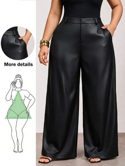 Truni Plus Size Women's PU Straight Leg Loose Pants, Perfect Choice For Valentine's Day, Suitable For Pear-Shaped Body, Brown Satin Pants, Summer Style
