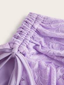 Sweetina Ultra Low Waist Women Lace & Mesh Double Layer Pleated Tie Up High Slit Skirt - Mauve Purple - View 3