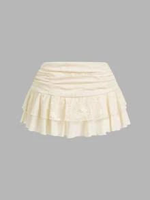 Sweetina Y2k Super Low Waist Lace & Mesh Double-Layer Ruffle Tie Up Mini Skirt Fall Clothes - Apricot - View 6