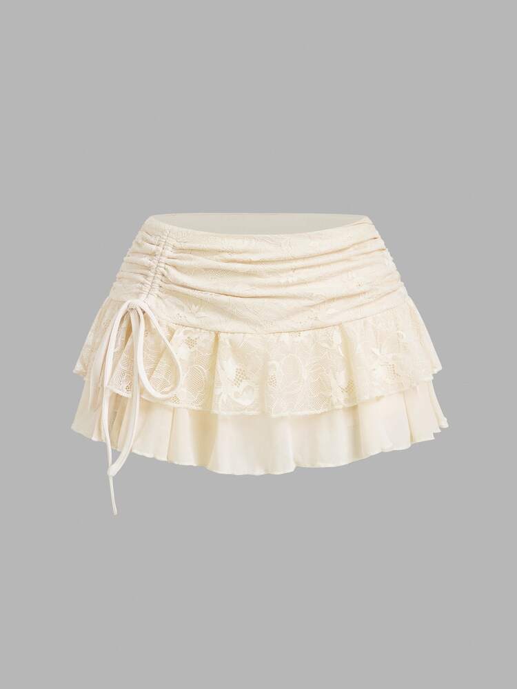 Sweetina Y2k Super Low Waist Lace & Mesh Double-Layer Ruffle Tie Up Mini Skirt Fall Clothes - Apricot - View 2
