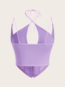 Sweetina White Corset Hook And Eye Front Mesh Insert Cami Top - Mauve Purple - View 5