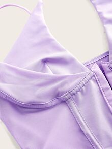 Sweetina White Corset Hook And Eye Front Mesh Insert Cami Top - Mauve Purple - View 4