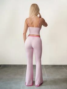 Sweetina Women 2pcs/Set Lace Camisole & Flare Pants, Casual Outfit For Girls Pink Flare Pants Set Lace Trim Two Piece Set - Pink - View 3