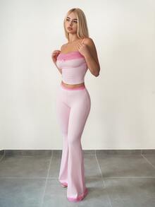 Sweetina Women 2pcs/Set Lace Camisole & Flare Pants, Casual Outfit For Girls Pink Flare Pants Set Lace Trim Two Piece Set - Pink - View 1