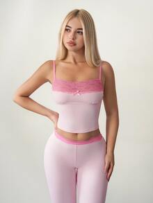 Sweetina Women 2pcs/Set Lace Camisole & Flare Pants, Casual Outfit For Girls Pink Flare Pants Set Lace Trim Two Piece Set - Pink - View 5